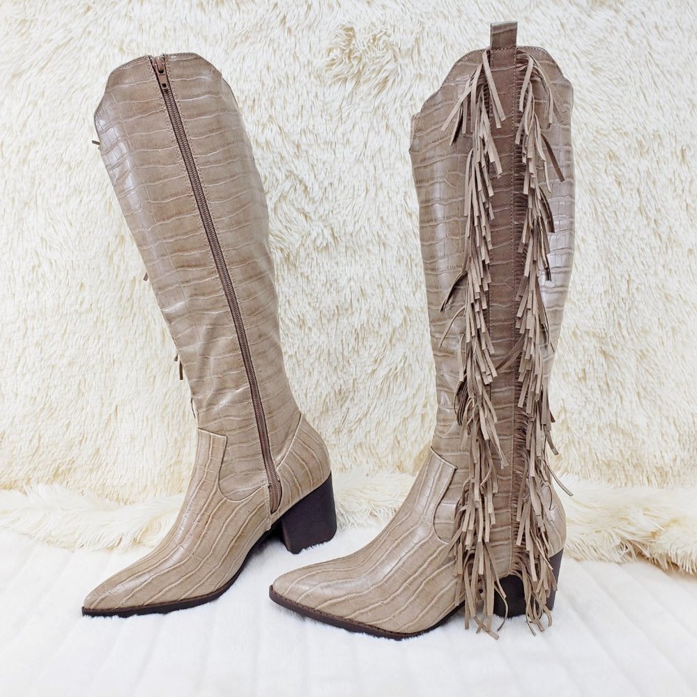 Western Side Fringe Cowgirl Cowboy Knee High Boots 2.5" Heels